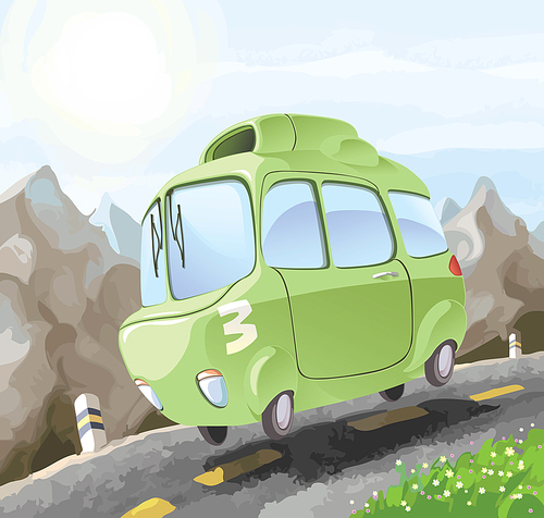 A small retro-styled car having a dangerous trip on the mountain road.Editable vector EPS v9.0