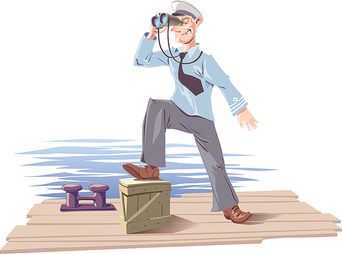 The captain is standing on the deck or the moorage and watching the skyline with the binoculars.Editable vector EPS v9.0