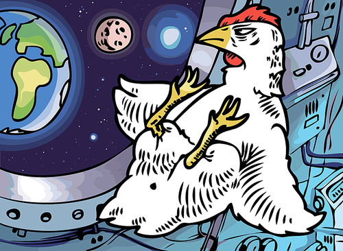 The lone brave chicken in a cabin of a space ship is looking at his home planet.Editable vector EPS v9.0