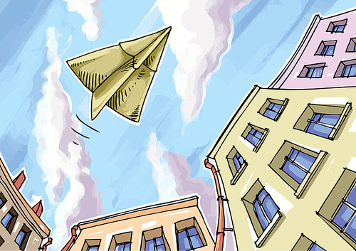 The paper plane is flying over the city.Editable vector EPS v9.0