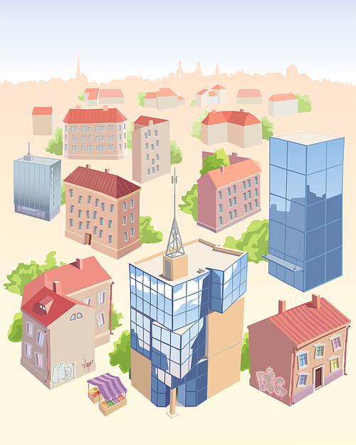 Set of the old and new city buildings. It's all isolated and located on the different layers.Editable vector EPS v9.0