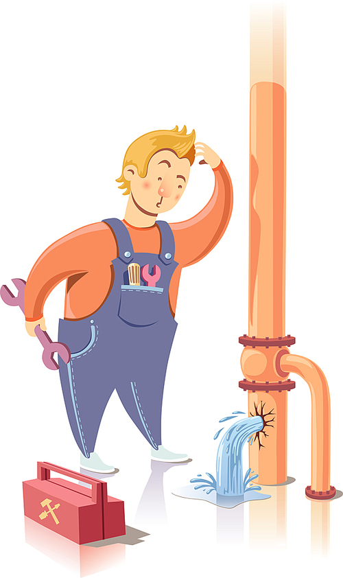 plumber is embarrassed while looking at the waterpipe. it looks  he is a beginner at the plumbing service.editable vector eps v9.0