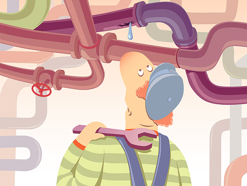 The plumber with the spanner is watchin at the waterdrop oozing from the pipe.Editable vector EPS v9.0
