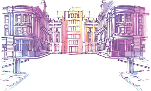 The buildings - old and new - are at the city street in a pastel shades. It's the hand-drown colored sketch. Editable vector EPS v9.0