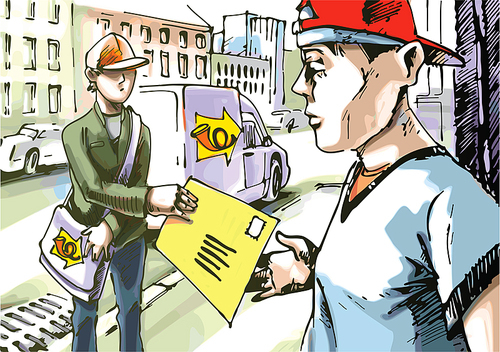The postman is giving a mail to the guy in a red baseball hat. The logo on the car side and the postman's bag is my fantasy and stylization.Editable vector EPS v9.0