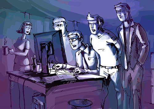 The four men and the woman are looking at glowing computer monitor in a dark room.Editable vector EPS v9.0