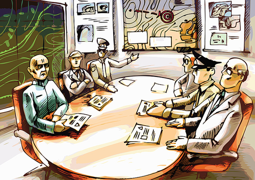 The officers and the commanders are deliberating. Editable vector EPS v9.0