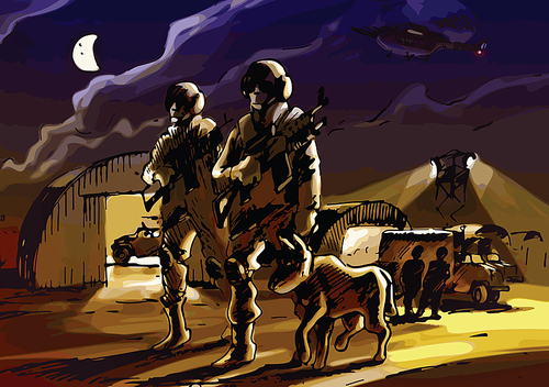 Two soldiers with the dog are patrolling the military base by night.Editable vector EPS v9.0