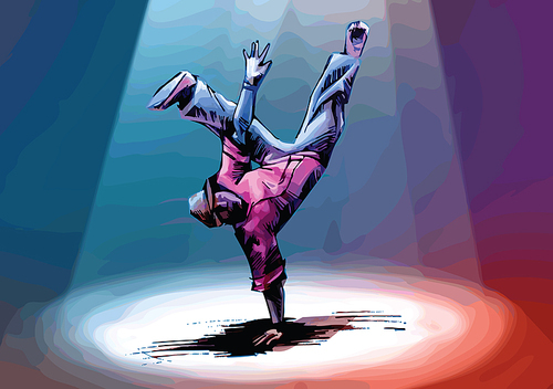 Breakdancer is standing in a freeze. Hand drawn artwork.