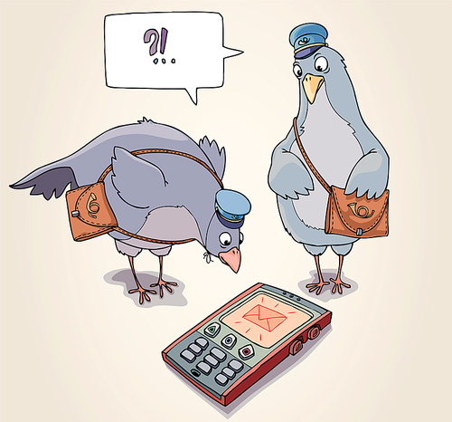 Two carrier pigeons are wonder to receive the SMS.