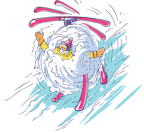 The cartoon skier is falling down in a snowball