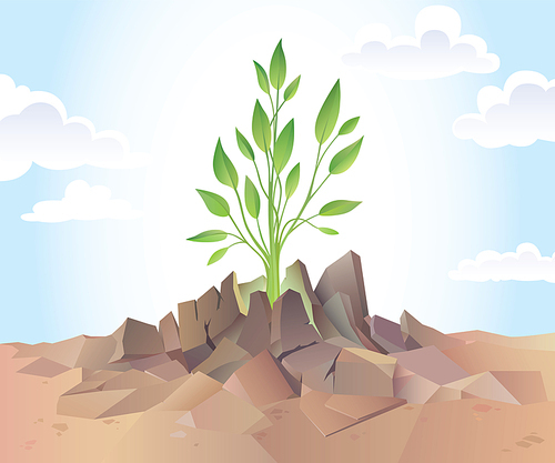 The young green sprout is breaking the dry hard soil.Editable vector EPS v9.0