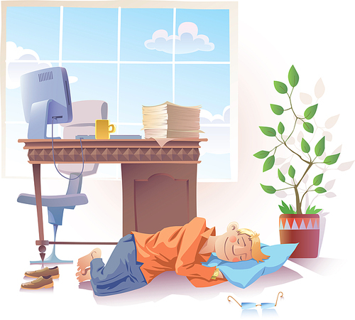 The young man is sleeping sweet at the office.Editable vector EPS v9.0