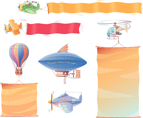 There are different air vehicles with bright blank banners.Editable vector EPS v9.0