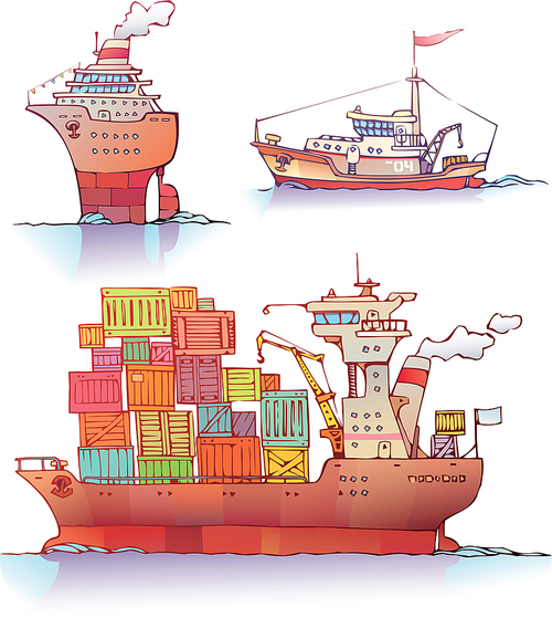 There are three type of a ships: the ocean liner, the tugboat and the bulker.Editable vector EPS v9.0