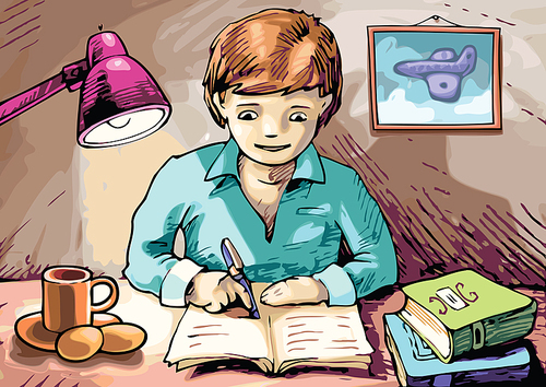 The boy is writing something in his textbook.Editable vector EPS v9.0