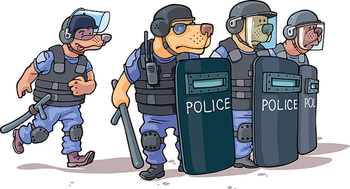 The cartoon dogs in the police uniform are standing behind the shields.Editable vector EPS v9.0
