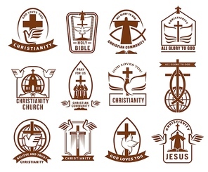 Christian community, church or mission icons set. Christianity religion emblems and sings with bible, white dove and cross, Jesus Christ silhouette, crucifix and globe, monks and ichthys symbol vector