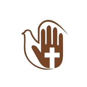 Christianity religion icon with priest hand, dove and crucifix cross, vector emblem. Christianity religion worship sign of Orthodox, catholic or evangelic church, parish chapel and religious charity