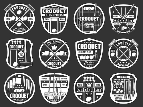 Croquet sport club monochrome icons set. Croquet equipment, mallet, ball and hop, peg, clip and flag engraved vector. Sport team tournament, grass court booking and game club retro emblems or badges