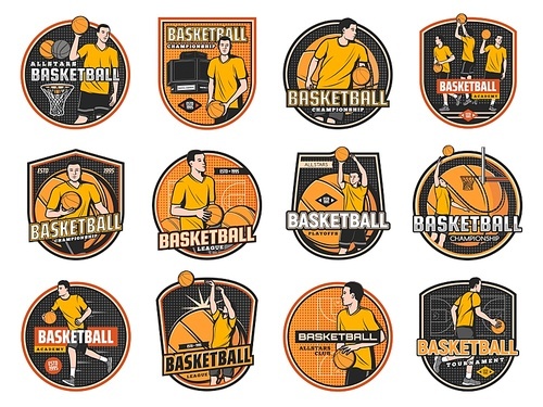 Basketball sport game vector icons, championship, players throw balls in hoop, team on arena stadium. Basketball academy, league or competition vintage labels, playoff tournament isolated emblems set