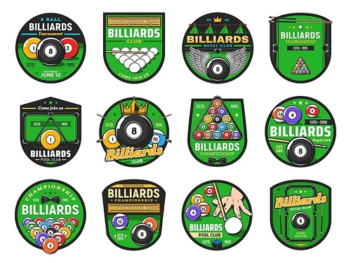 Billiards and pool cue sport vector icons with isolated balls, cues and snooker tables, racks and lamps with gold crowns and wings. Billiards championship and pool sport club retro emblems design