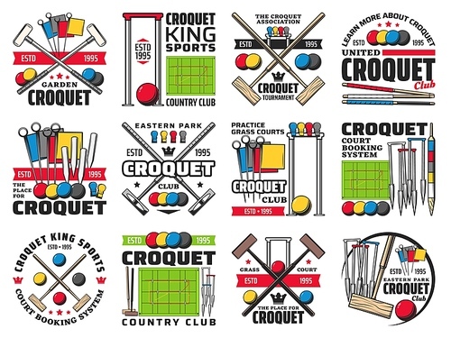 Croquet club, court booking and tournament retro icons. Wooden mallet, color balls and hoops, clips and pegs engraved vector. Croquet country club, sport competition and association vintage emblem