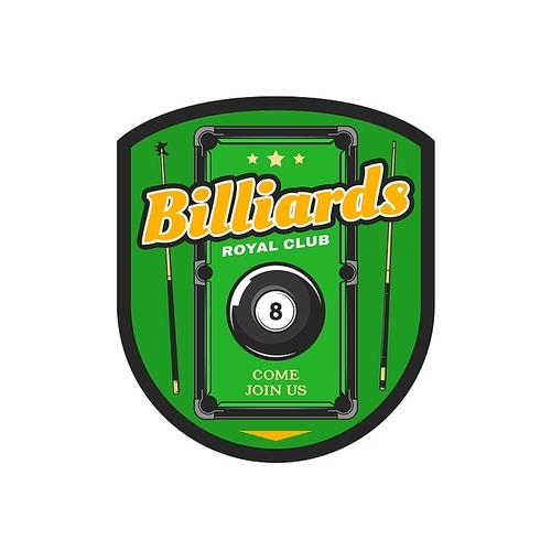 billiard, pool club vector icon, black ball with number eight and cues on green playing field. sport, hobby, snooker league sign, billiards game society membership emblem isolated on white