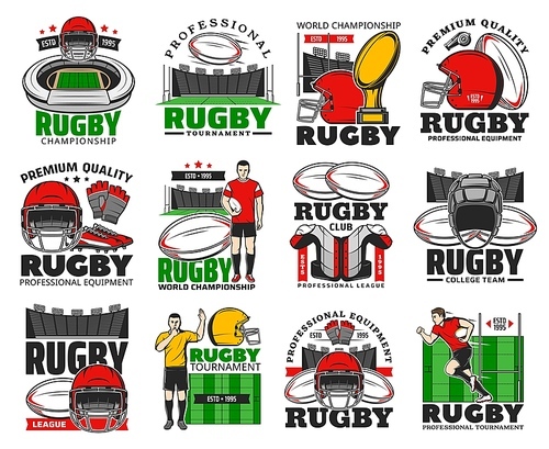 Rugby championship, college team and equipment shop icons. Rugby player protective gear, helmet, gloves and track shoe, referee blowing in whistle, sport tournament trophy and stadium field vector