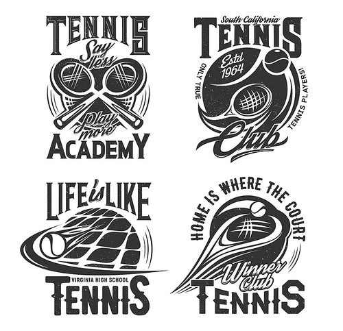 Tennis school, racket sport club t-shirt prints. Crossed rackets and flying after hit ball engraved vector. Tennis sport academy, player clothing retro print design, monochrome emblems