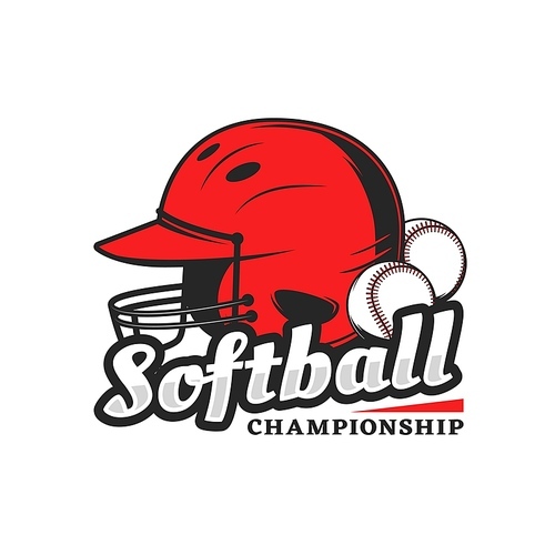 Softball championship icon with red player helmet and balls. Vector emblem for baseball tournament. Sport equipment for playing game safety cap with balls, design element isolated on white 