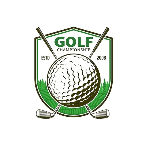 Golf sport icon with crossed clubs. Vector emblem with sticks, ball, shield and green field. Sport equipment for golf championship, tournament, professional sport game, training or sports competition