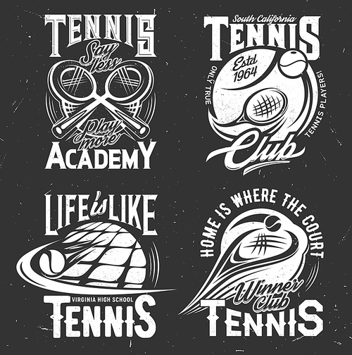 tennis sport vector tshirt prints. playing rackets and balls on black grunge . tennis sports team or academy labels with white typography. t shirt prints, isolated monochrome emblems set