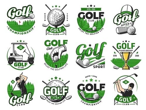 Golf sport icons, golf balls and clubs. Vector emblems with sticks, cart, goblet and sportsman on field. Professional equipment for championship, tournament, professional game training labels set