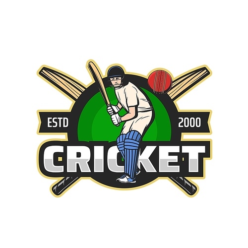 Cricket sport icon, club and team league badge or vector tournament emblem. Cricket championship cup icon, batsman player in sport uniform with bat striking ball, cricket game competition