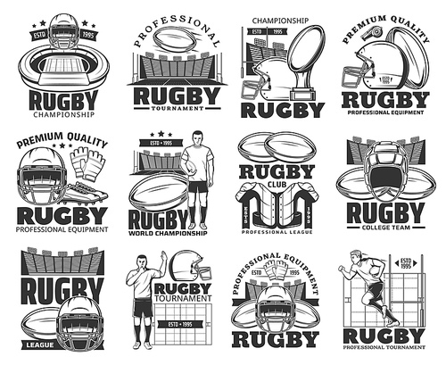 Rugby tournament, American football league championship, vector emblems and icons. Rugby football club badge and varsity and college team cup, sport equipment balls, helmets and player outfit