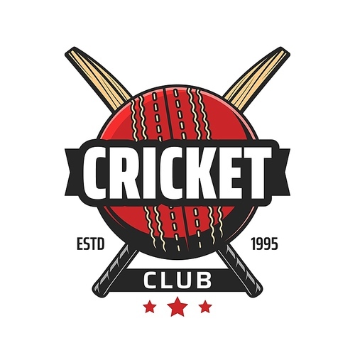 Cricket club icon, bat and ball game team vector emblem. Cricket championship, league tournament or sport competition, game fans club retro label with crossed cricket bats and red ball