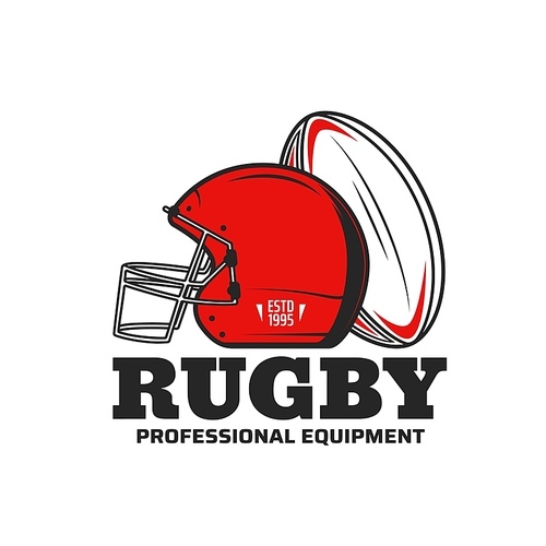 Rugby sport vector icon with rugby football game ball and scrum cap or helmet. Team player equipment or sporting items isolated symbol of sport club, championship match or sporting competition design