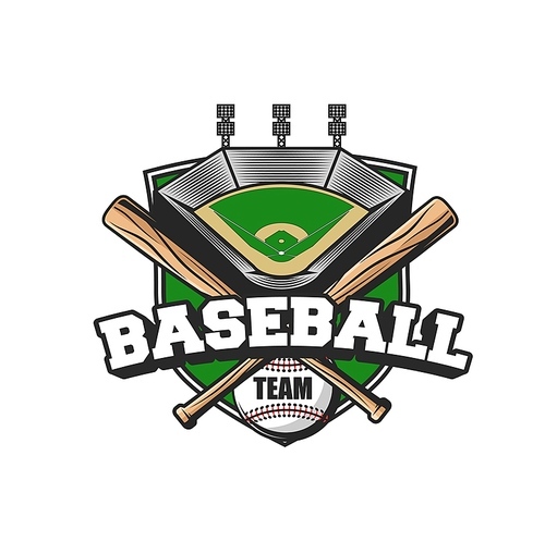 Baseball sport team icon. Vector ball, crossed bats and stadium. Baseball player equipment and arena field isolated icon for sport club or tournament design