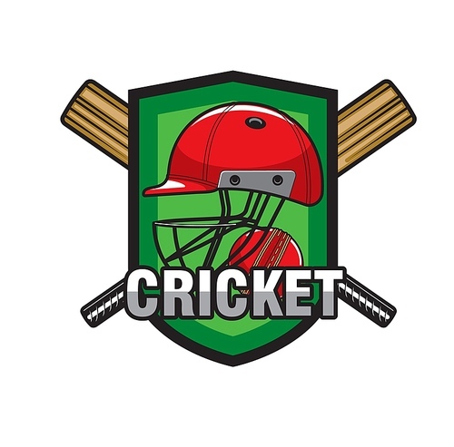 Cricket icon with crossed bat, ball and helmet. Cricket game club team or championship emblem with player, cricketer or batsman protective helmet, wooden bats and red ball