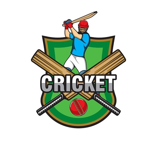 Cricket game icon with crossed bat, ball and player. Cricket team, league championship emblem with player in protective helmet swinging wooden bat, red ball with thread stitching