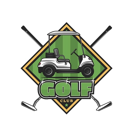 Golf club icon cart on green field and crossed clubs. Vector emblem with sticks and car. Sport equipment and transport for golf championship, tournament, professional game, training or competition