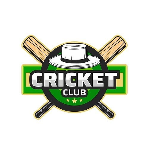 Cricket club icon, team league badge with bats and hat, vector emblem. Cricket sport game championship or tournament cup sign with crossed bats on green field