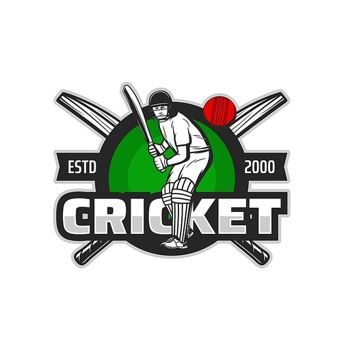 Cricket sport player vector icon of batsman hitting ball with bat, team game uniform safety helmet, leg pads and gloves on green grass field. Cricket sport club and championship match isolated symbol