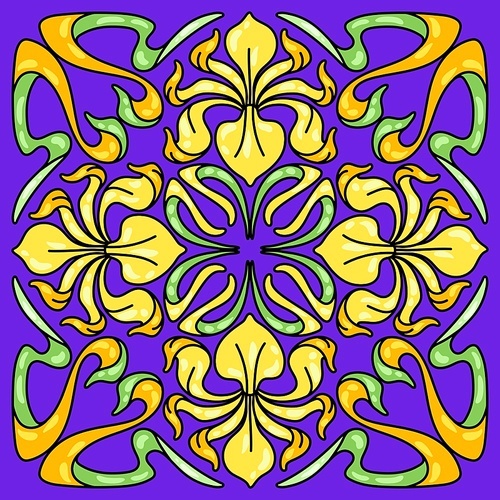 Art Nouveau ceramic tile pattern. Floral motifs in retro style. Vintage pottery with flowers and leaves.