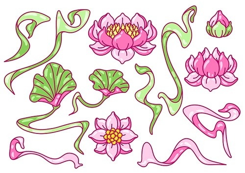 Set of lotus flowers. Art Nouveau vintage style. Water lily decorative illustration. Natural tropical plants.