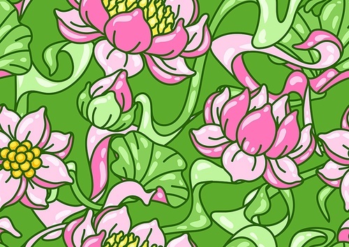 seamless  with lotus flowers. art nouveau vintage style. water lily decorative illustration. natural tropical plants.