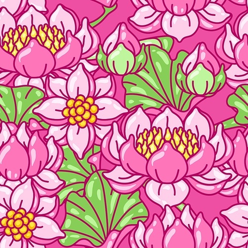 Seamless pattern with lotus flowers. Art Nouveau vintage style. Water lily decorative illustration. Natural tropical plants.