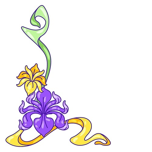 Decorative element with iris flowers. Art Nouveau vintage style. Natural decorative plants.
