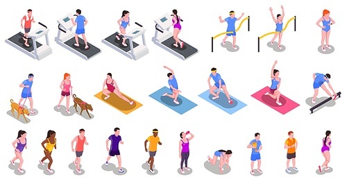 Running people set with active lifestyle and fitness symbols isometric isolated vector illustration